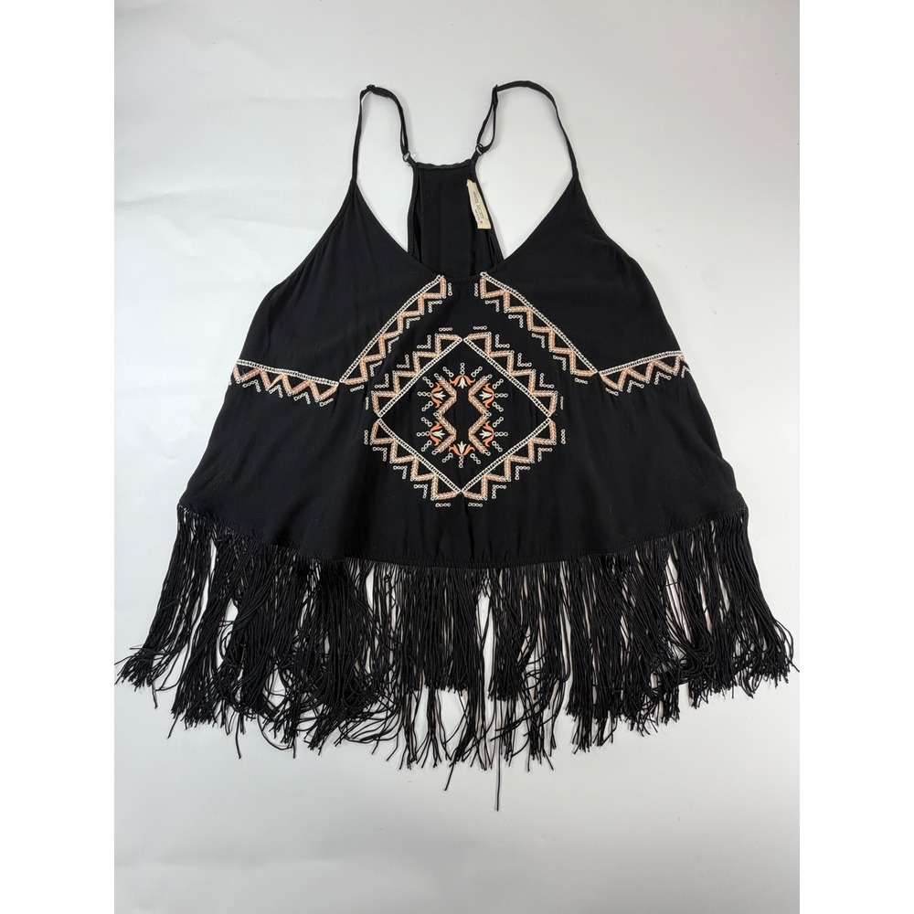 Haute Society Black Embroidered Fringe Cami Top Racerback Boho Festival Medium